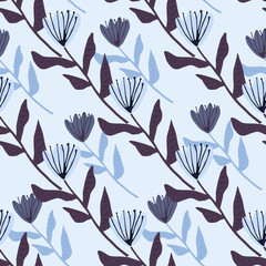 Spring floral seamless pattern with tulip ornament. Flowers and background in navy and blue tones.