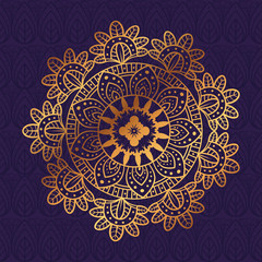 golden flower mandala in purple background, vintage luxury mandala, ornamental decoration vector illustration design