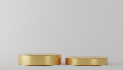 Gold podiums white background. Abstract minimal scene with geometrical. Modern pedestal show cosmetic products presentation. Mock up design empty space. studio platform template. 3d render