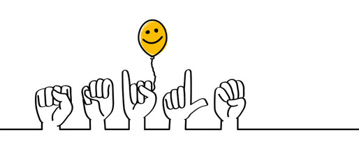 Hand spelling. Deaf sign language signs SMILE Fingerspelling alphabet. Vector drawing srmiling icon. Smiles line pattern Fun symbol for smiley. Happy Happiness day or World Smile day.  Dactylonomy © MarkRademaker