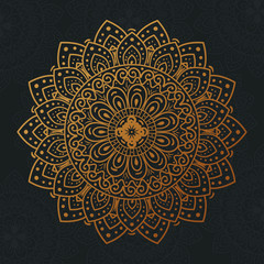 golden flower mandala on dark background, vintage luxury mandala, ornamental decoration vector illustration design