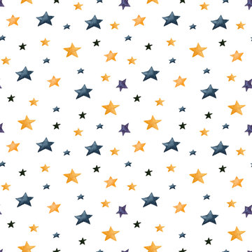 Watercolor seamless pattern with stars on a white background.