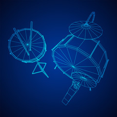 Musical instruments set. Rock band drum kit. Percussion musical instrument drums, stick and cymbal. Wireframe low poly mesh vector illustration.