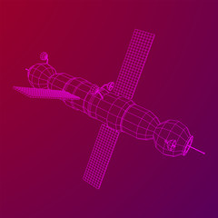 Space station communications satellite. Wireframe low poly mesh vector illustration.