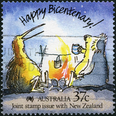 AUSTRALIA - 1988: shows Caricature of an Australian koala  and New Zealand kiwi, Australia bicentennial, 1988