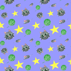 Seamless pattern with a mad black cat, a ball of thread, a gray mouse, a stars. Creative children's texture. Watercolor illustrations on a purple background. For textiles, sites, wallpaper, packaging.