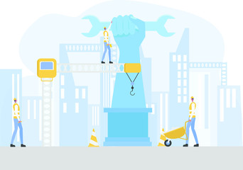 Labor Day celebration vector concept: construction workers building big blue arm holding a wrench statue