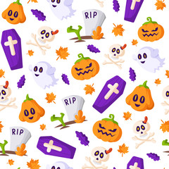 Obraz premium Halloween cartoon seamless pattern - scary pumpkin lantern, creepy ghost, skull and bones, coffin, grave and zombie hand, traditional holiday symbols - vector seamless background for print