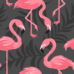 Seamless pattern, Tropical jungle palm tree leaves of black color and Pink exotic flamingo bird, texture on dark background. Vector illustration