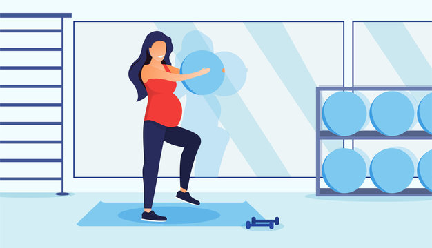 Fitness for pregnant woman concept. Girl doing sport exercises indoors. Flat vector illustration