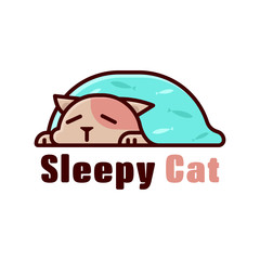 CAT SLEEPING UNDER A BLUE BLANKET CARTOON LOGO