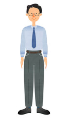 笑顔で立つスーツ姿のメガネの男性