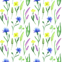 Watercolor Wildflower seamless pattern.
Hand drawn floral seamless pattern made with watercolor wildflowers.
