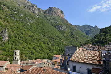 Panoramic view of Orsomarso, a rural village in the mountains of the Calabria region.
