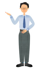 丁寧に案内するスーツ姿のメガネの男性