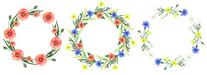 Hand drawn watercolor set of wreaths with wildflowers on white.