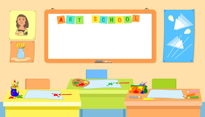 Empty art school classroom with desks vector illustration