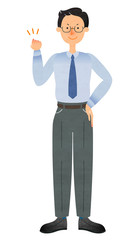 片手でガッツポーズをするスーツ姿のメガネの男性