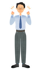 両手でガッツポーズをするスーツ姿のメガネの男性