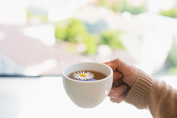 Cup of calming herbal chamomile tea in woman hands