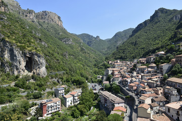 Fototapeta na wymiar Panoramic view of Orsomarso, a rural village in the mountains of the Calabria region. 