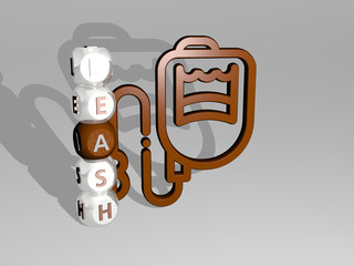 3D graphical image of LEASH vertically along with text built around the icon by metallic cubic letters from the top perspective excellent for the concept presentation and slideshows for dog and