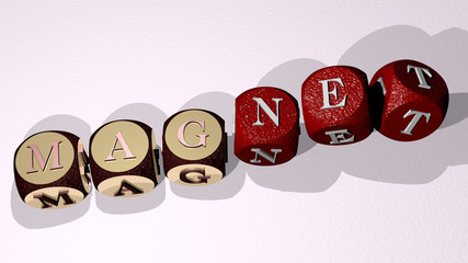 magnet text by dancing dice letters, 3D illustration for background and attract