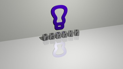 BOTTLE text of cubic dice letters on the floor and 3D icon on the wall, 3D illustration for background and glass