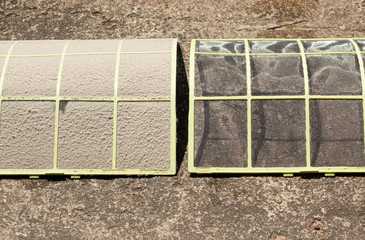 Before and after comparison, after cleaning the air conditioner filters that are dirty and full of...