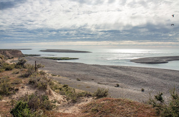 Fototapeta na wymiar Empty Patagonian landscape at Caleta Valdes in winter, a 35 km long lagoon along the Atlantic coast.
