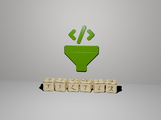 FILTER 3D icon on the wall and cubic letters on the floor, 3D illustration for background and abstract