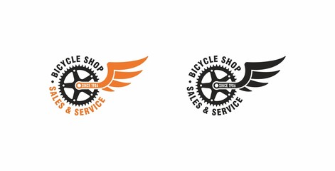 Set of color illustrations bicycle gear, wings, text on a white background. Vector illustration advertises the sale and service of bicycles. Bicycle shop logo. Service and repair.