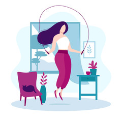 Fitness and healthy lifestyle. Stay at home concept. Plump girl with long dark hair doing exercises with jumping rope in the room or apartment. Workout in front of window. Cardio activity