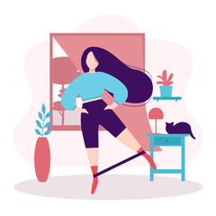 Fitness and healthy lifestyle. Stay at home concept. Plump girl with long dark hair doing leg swing exercise with elastic band in the room or apartment. Workout in front of window. Vector illustration