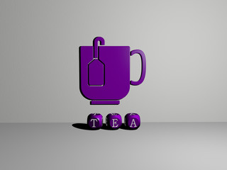 TEA 3D icon on the wall and text of cubic alphabets on the floor, 3D illustration for background and cup