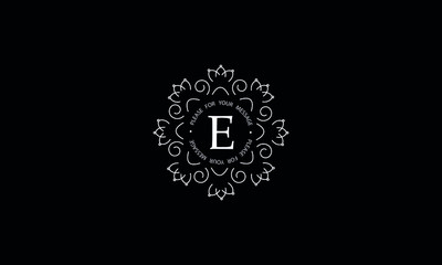 Elegant round monogram template with letter E. Creative white logo on black background. Vector illustration of business, cafe, office, restaurant, heraldry.