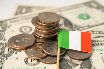 Stack of coins with Italy flag on white background.