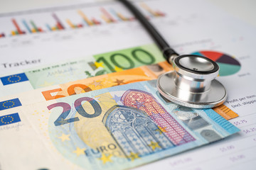 Stethoscope on EU banknotes, Finance, Account, Statistics, Analytic research data and Business company  medical health meeting concept