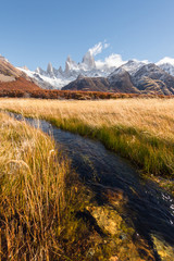 Golden autumn scenery, beautiful snow-capped mountains and blue sky and white clouds. Travel in Argentina.