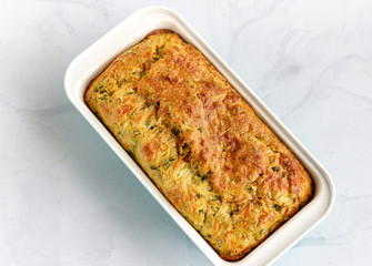 Freshly Baked Zucchini Bread in  Baking Pan Top Down High Angle Photo