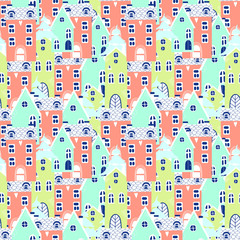 Vector seamless pattern with christmas house in cartoon style for fabrics, paper, textile, gift wrap. Winter houses for Christmas fabrics and decor.