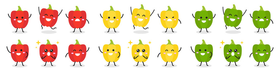 Collection of cute sweet pepper character in various poses isolated on white background. Funny vegetable cartoon. Flat vector graphic design illustration for infographic, kid book, and farm concept