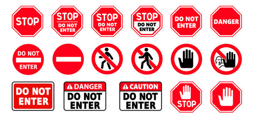 Stop halt allowed Do not enter danger warning sign Vector attention forbidden caution or admittance signs No ban allowed walking people stepping or run symbols Highway road prohibited emergency beware