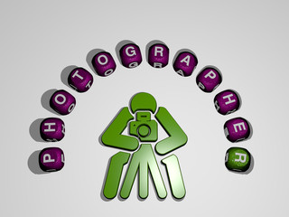 PHOTOGRAPHER icon surrounded by the text of individual letters, 3D illustration for camera and background