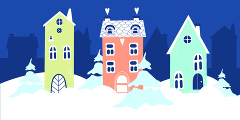 Vector illustration of christmas houses. Winter landscape for greeting card