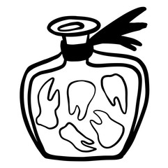 Magic bottles with pulled out teeth. Love potion. Halloween. Hand drawn illustration for cards, posters, stickers and professional design