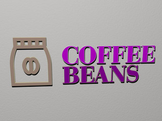 COFFEE BEANS icon and text on the wall, 3D illustration for background and cup