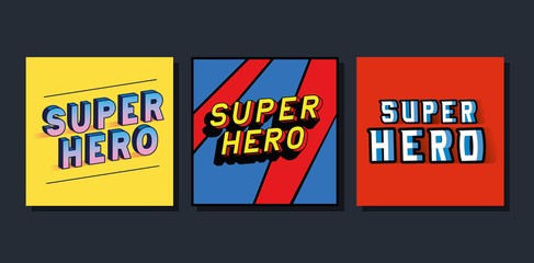 3d super hero lettering set on colored backgrounds design, typography retro and comic theme Vector illustration © Grgroup