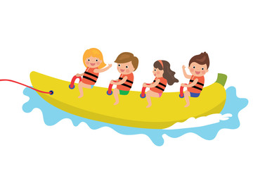 Obraz na płótnie Canvas Various cartoon happy kids and a banana boat. Game in sea.