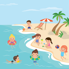Fototapeta na wymiar Tropical beach,cartoon kids rest and relax. Nature landscape. Ocean view and happy children have summer time game activities.